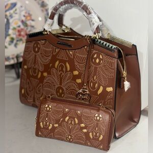 Ameri Mode Tan & Gold Cutout Designer Handbag and Wallet Set